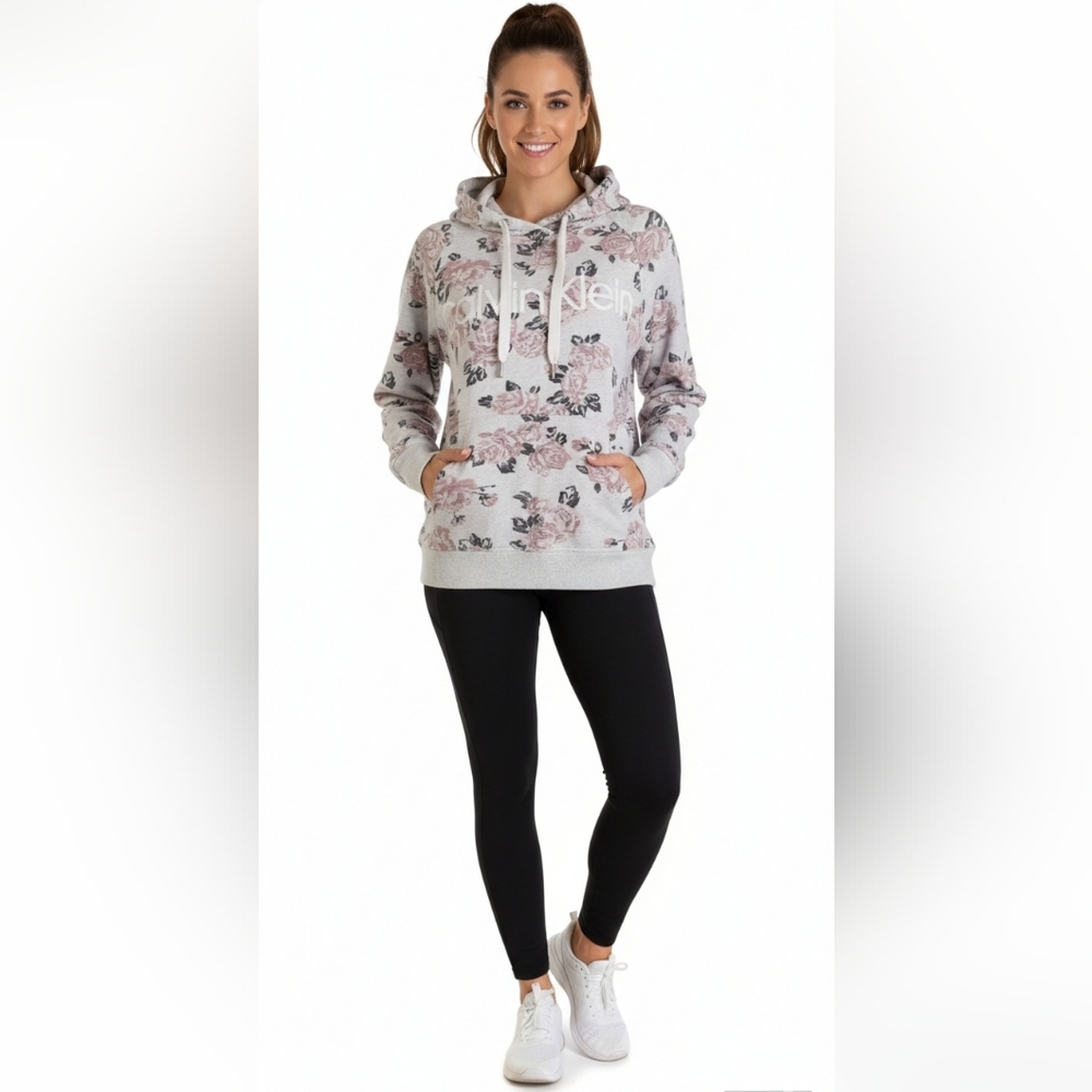 Calvin Klein Performance Floral Logo Hoodie - Heather Gray/Pink - Sz Large